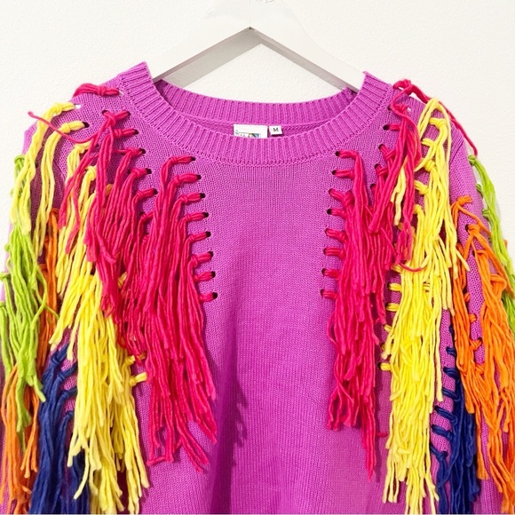 Queen of Sparkles Rainbow Fringe Sweater Size Medium M - Picture 4 of 8